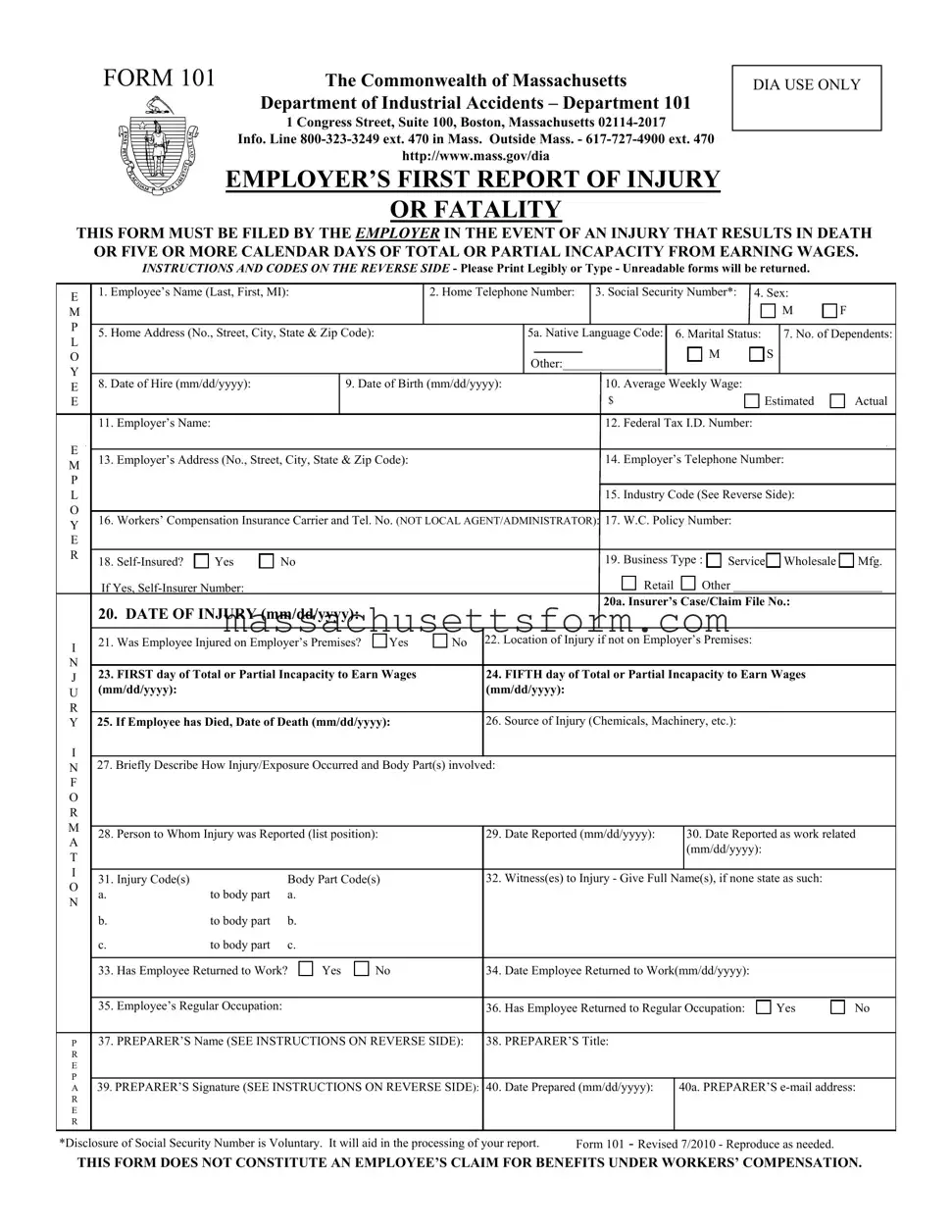 Fill Your 101 Massachusetts Form