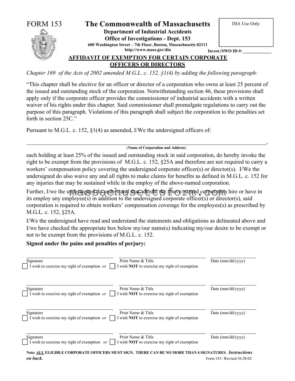 Fill Your 153 Massachusetts Form