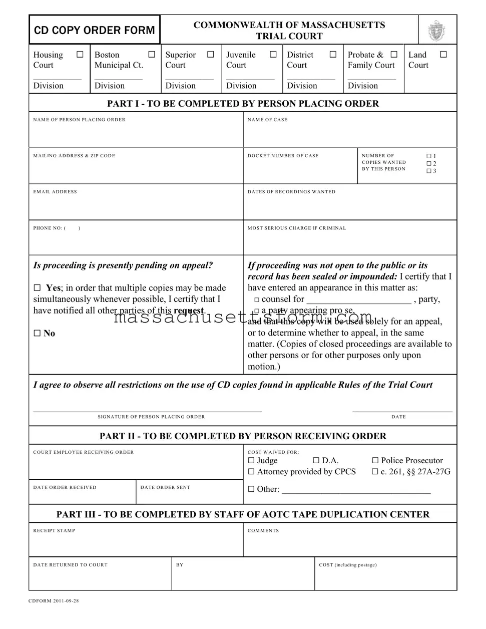 Fill Your Cd Copy Order Massachusetts Form