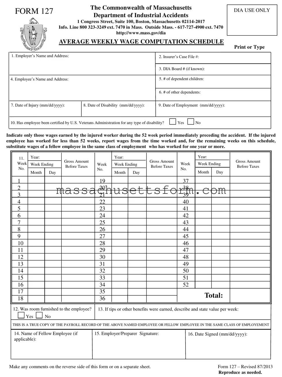 Fill Your Massachusetts 127 Form