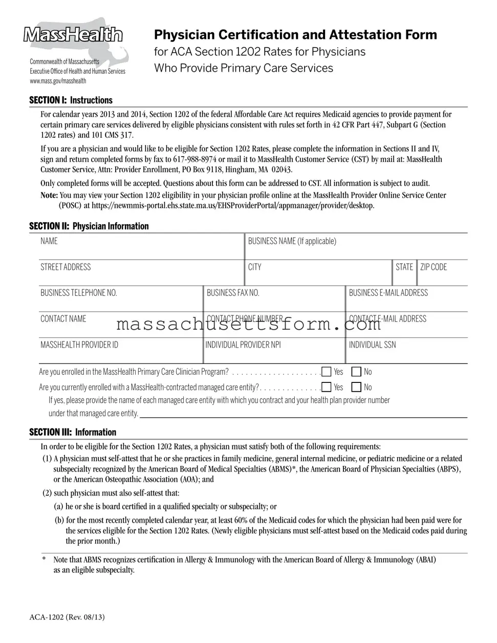Fill Your Massachusetts Aca 1202 Form