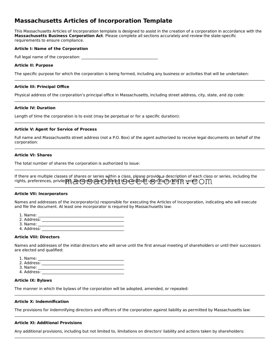 Printable  Articles of Incorporation Document for Massachusetts