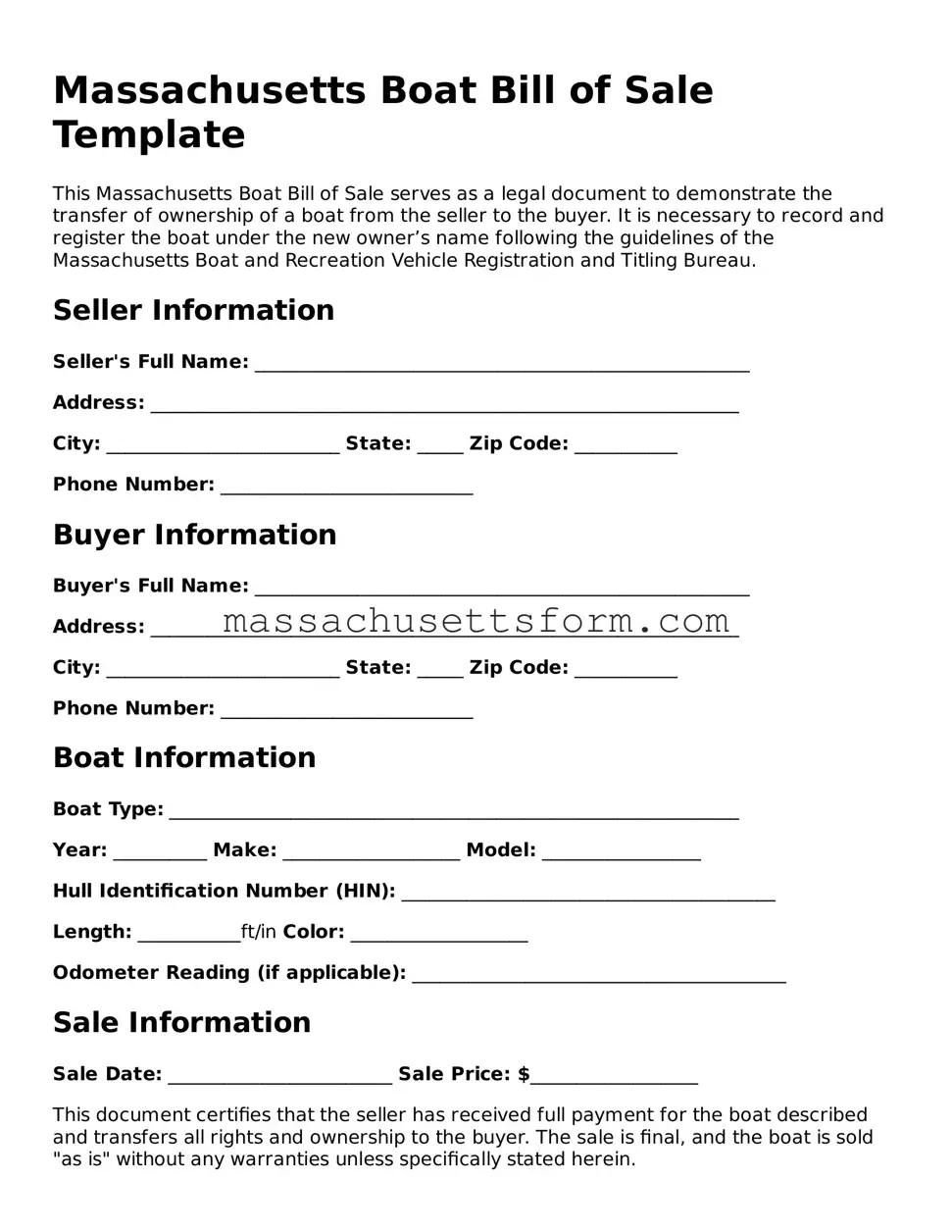 Printable  Boat Bill of Sale Document for Massachusetts