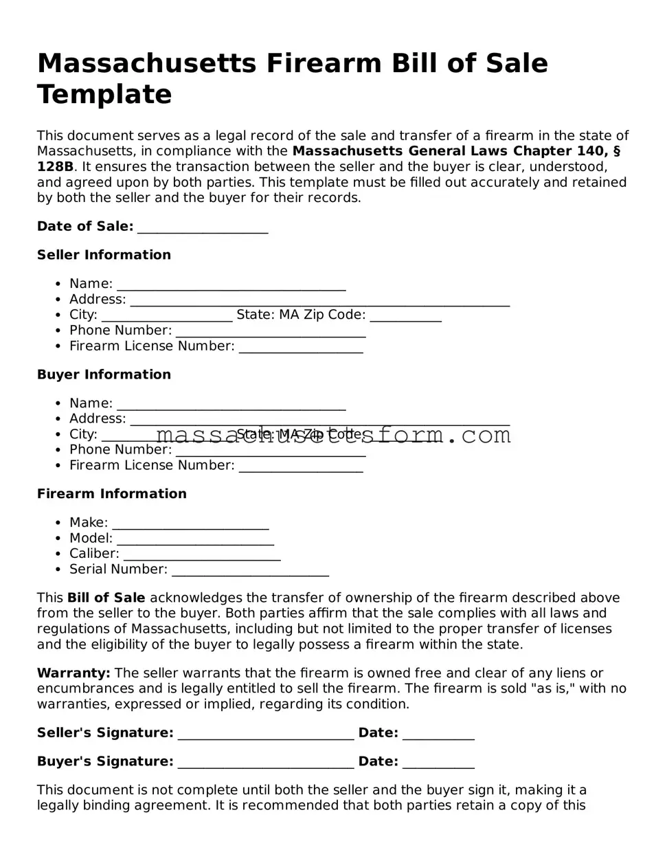 Printable  Firearm Bill of Sale Document for Massachusetts