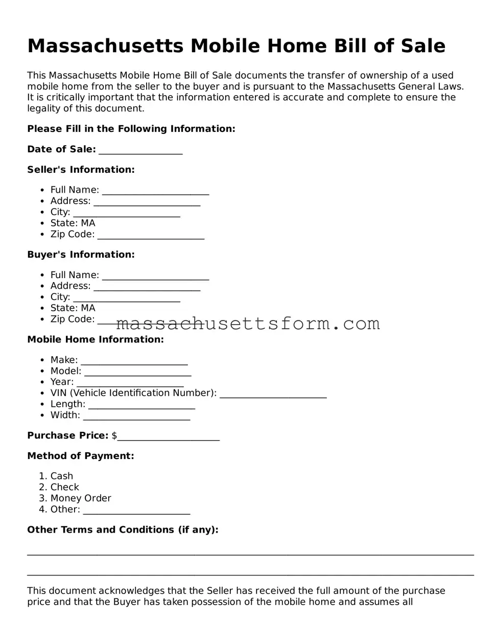 Printable  Mobile Home Bill of Sale Document for Massachusetts