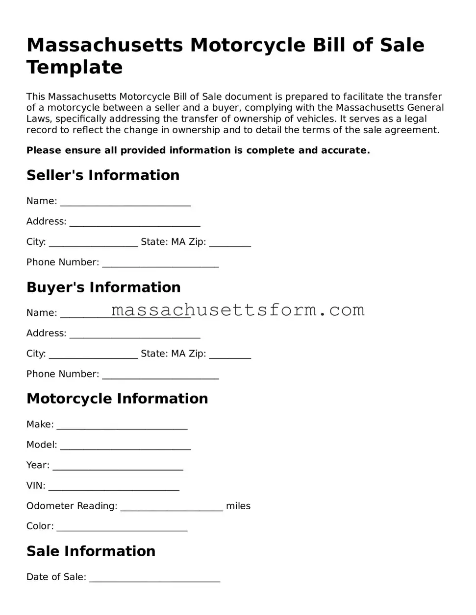 Printable  Motorcycle Bill of Sale Document for Massachusetts