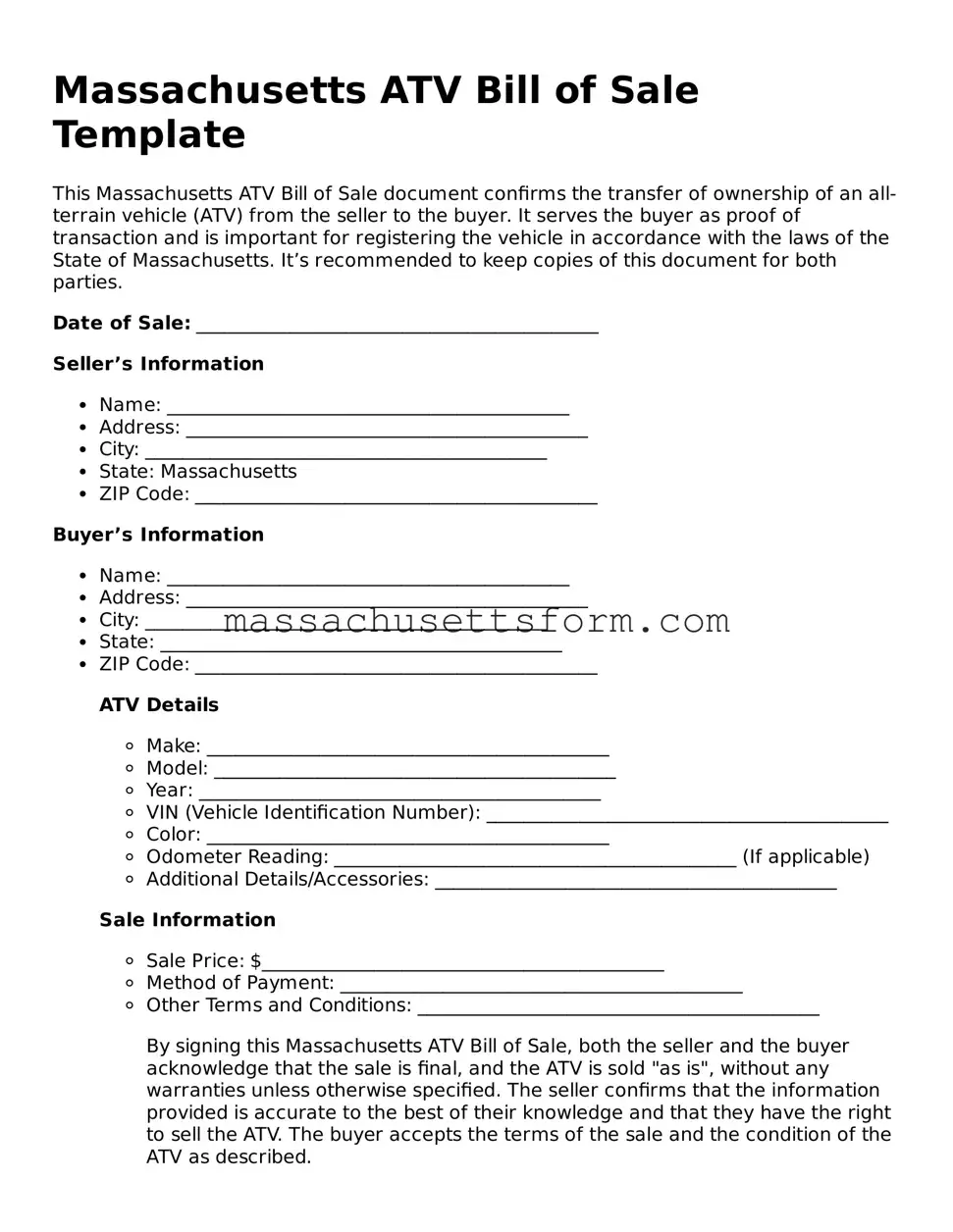 Printable  ATV Bill of Sale Document for Massachusetts