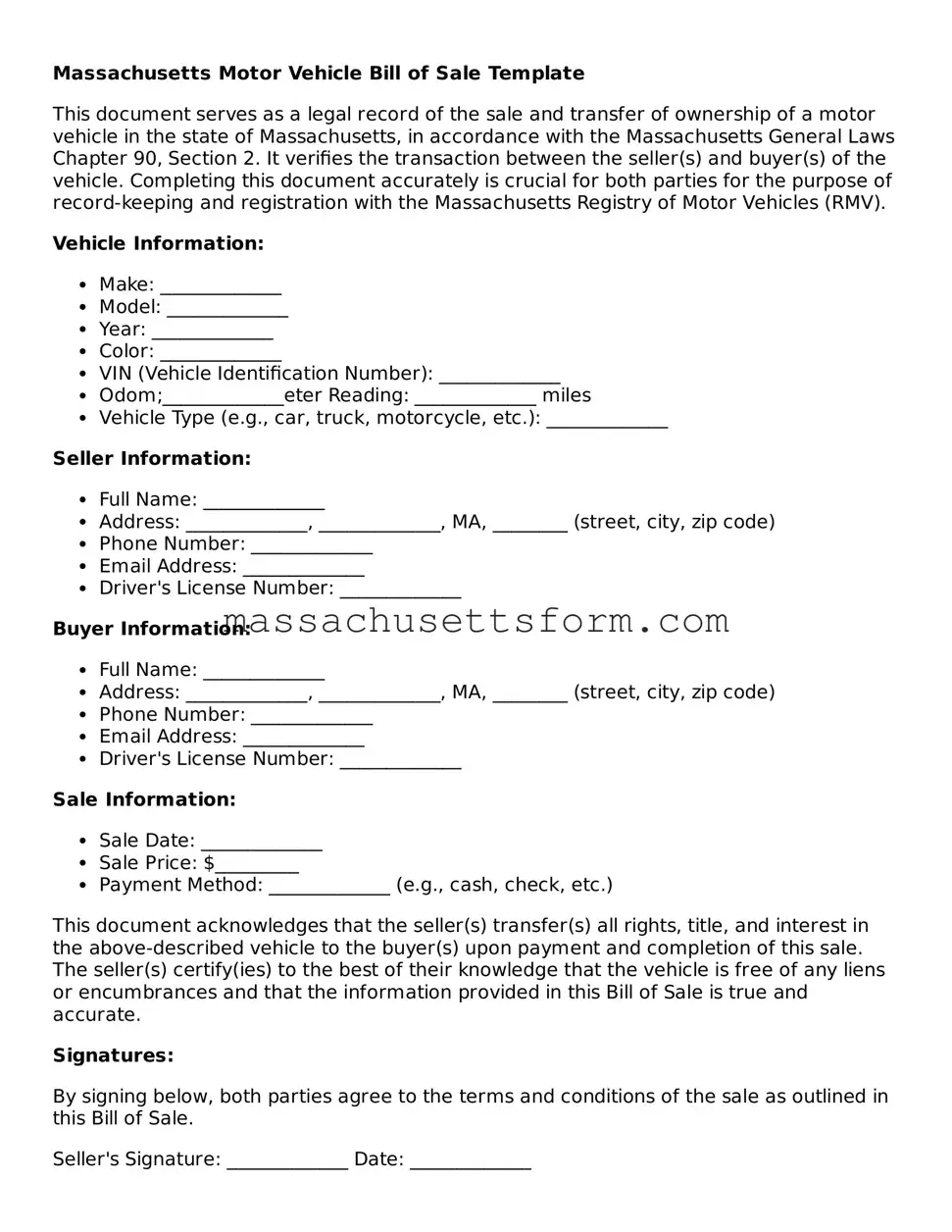 Printable  Motor Vehicle Bill of Sale Document for Massachusetts