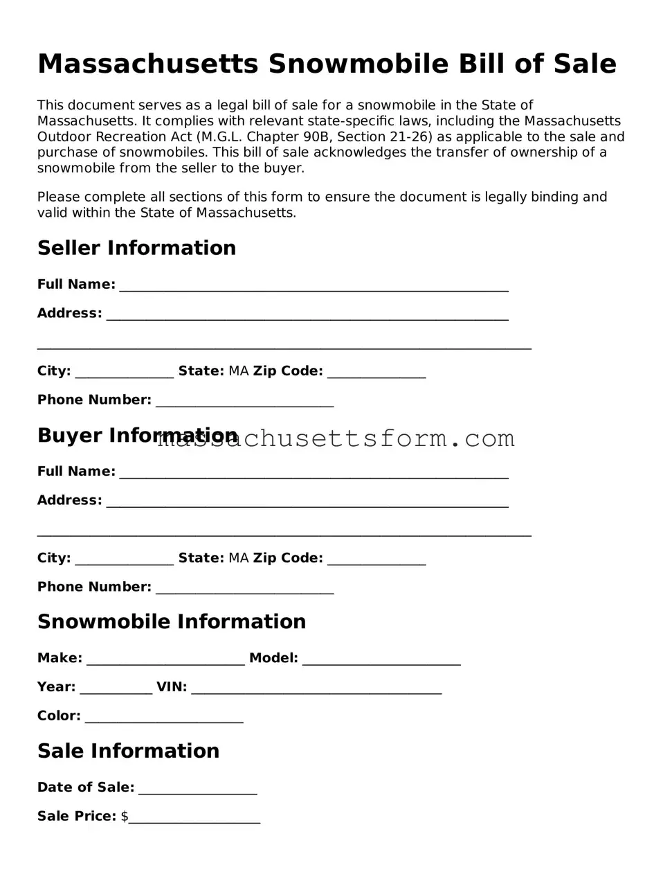 Printable  Snowmobile Bill of Sale Document for Massachusetts