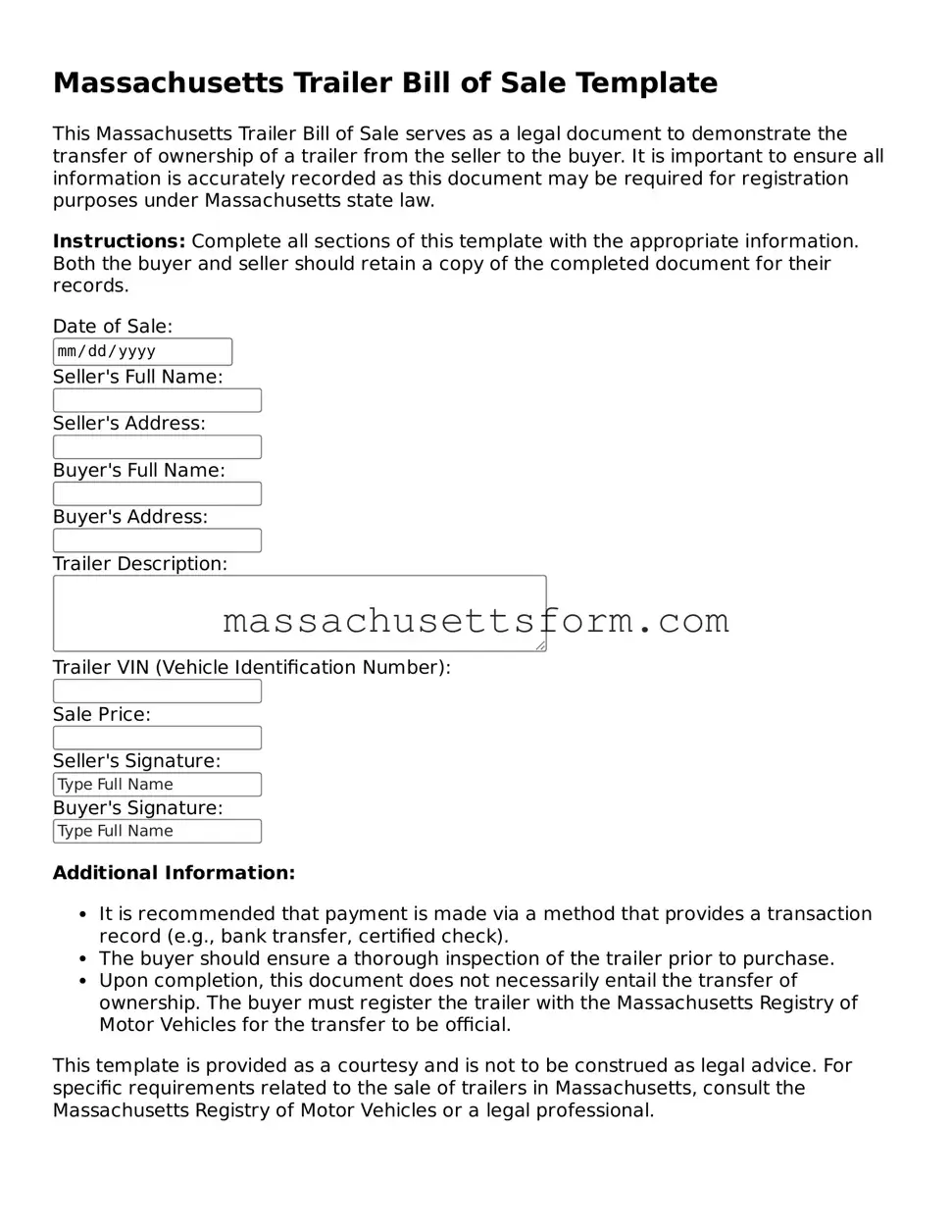 Printable  Trailer Bill of Sale Document for Massachusetts