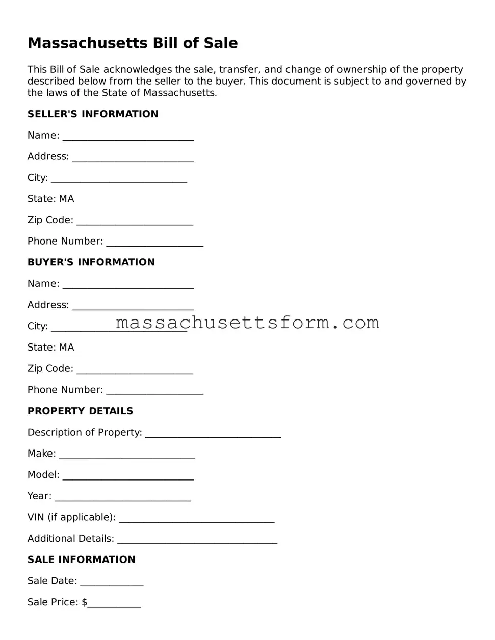 Printable  Bill of Sale Document for Massachusetts