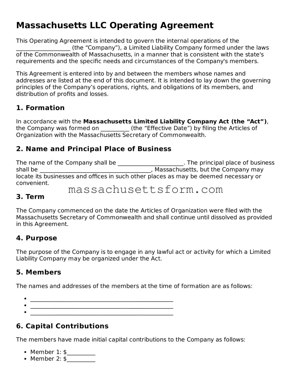 Printable  Operating Agreement Document for Massachusetts