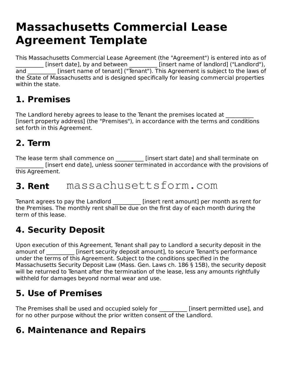 Printable  Commercial Lease Agreement Document for Massachusetts