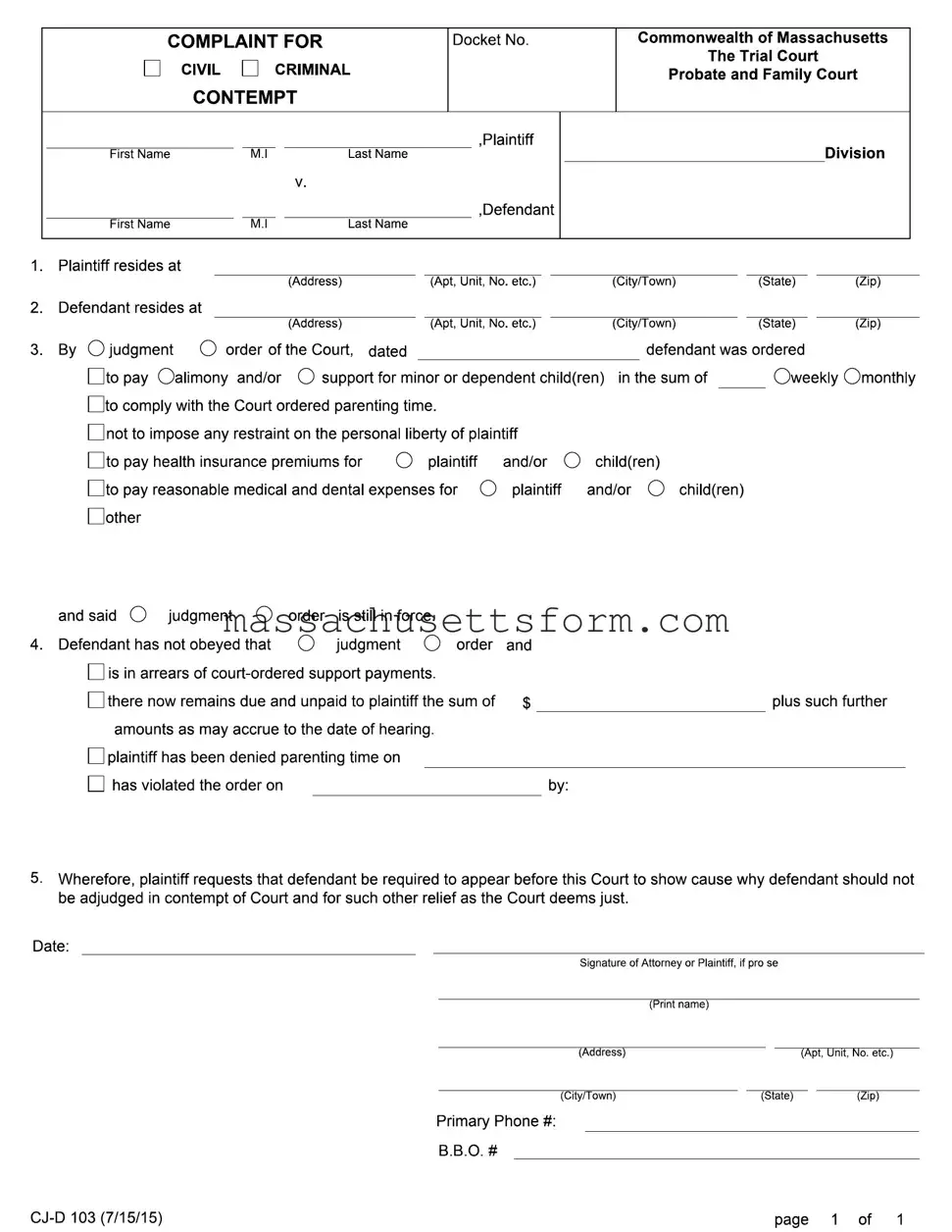 Fill Your Massachusetts Complaint For Contempt Form
