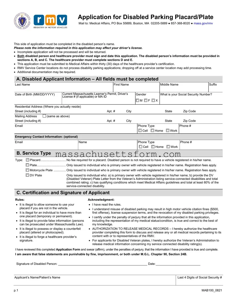 Fill Your Massachusetts Disabled Parking App Form