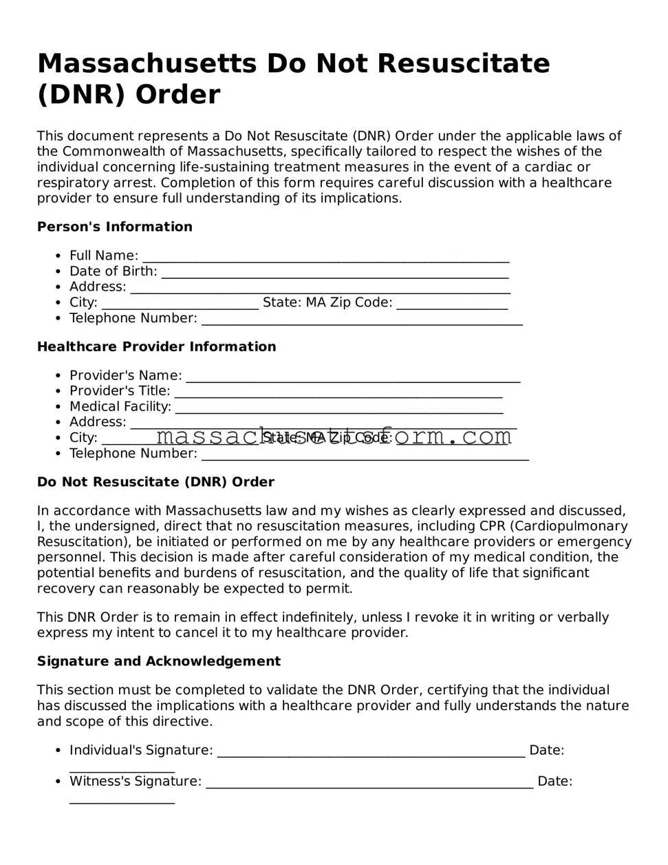 Printable  Do Not Resuscitate Order Document for Massachusetts