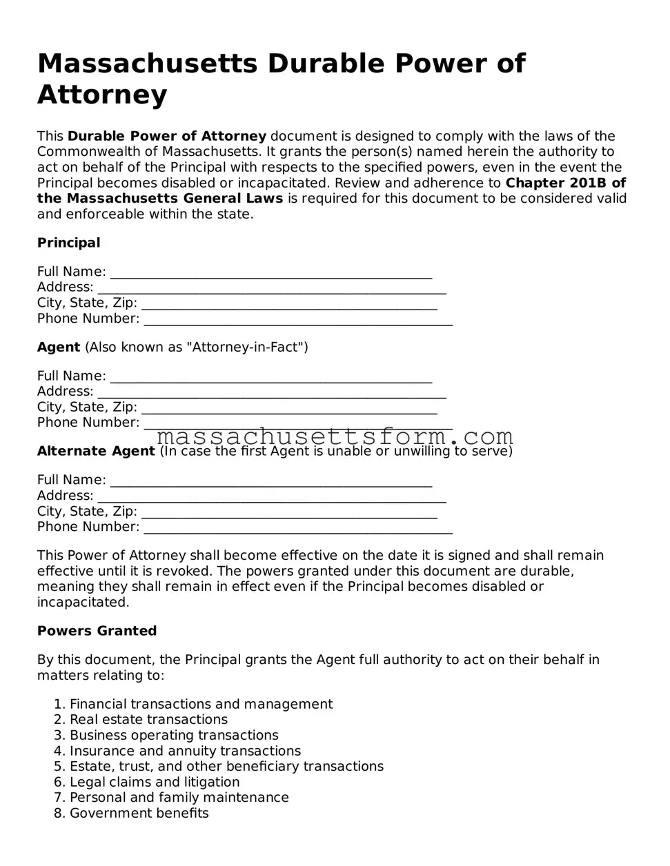 Printable  Durable Power of Attorney Document for Massachusetts