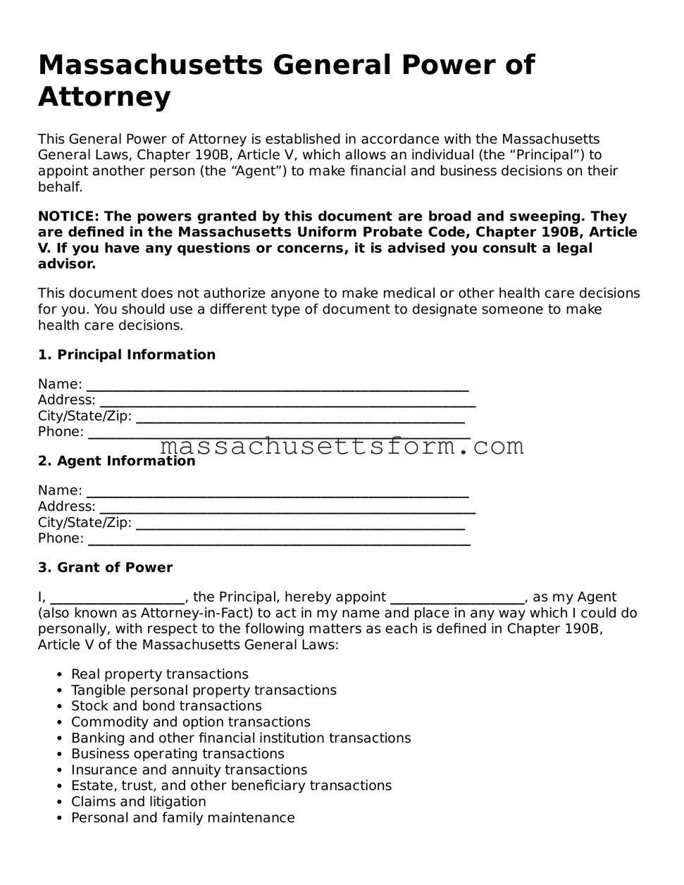 Printable  General Power of Attorney Document for Massachusetts