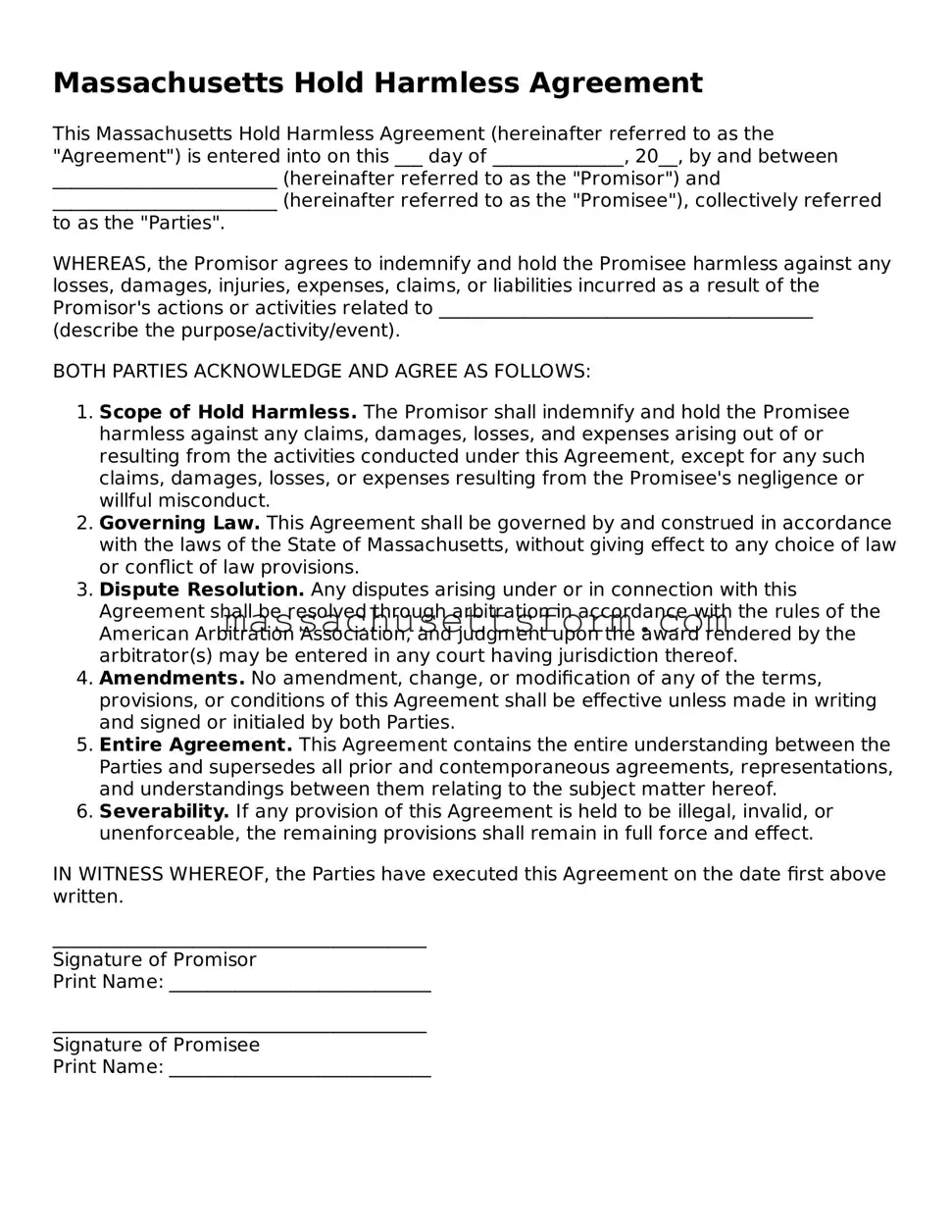 Printable  Hold Harmless Agreement Document for Massachusetts