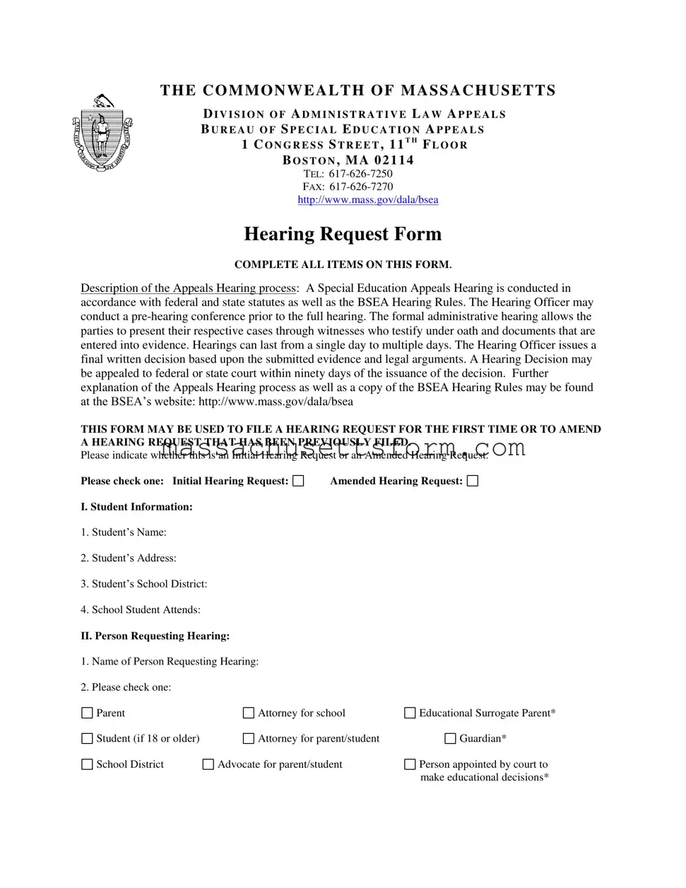 Fill Your Massachusetts Hearing Request Form