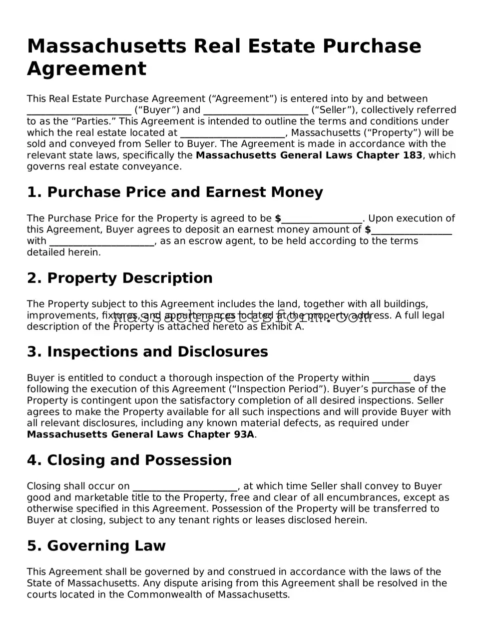 Printable  Real Estate Purchase Agreement Document for Massachusetts