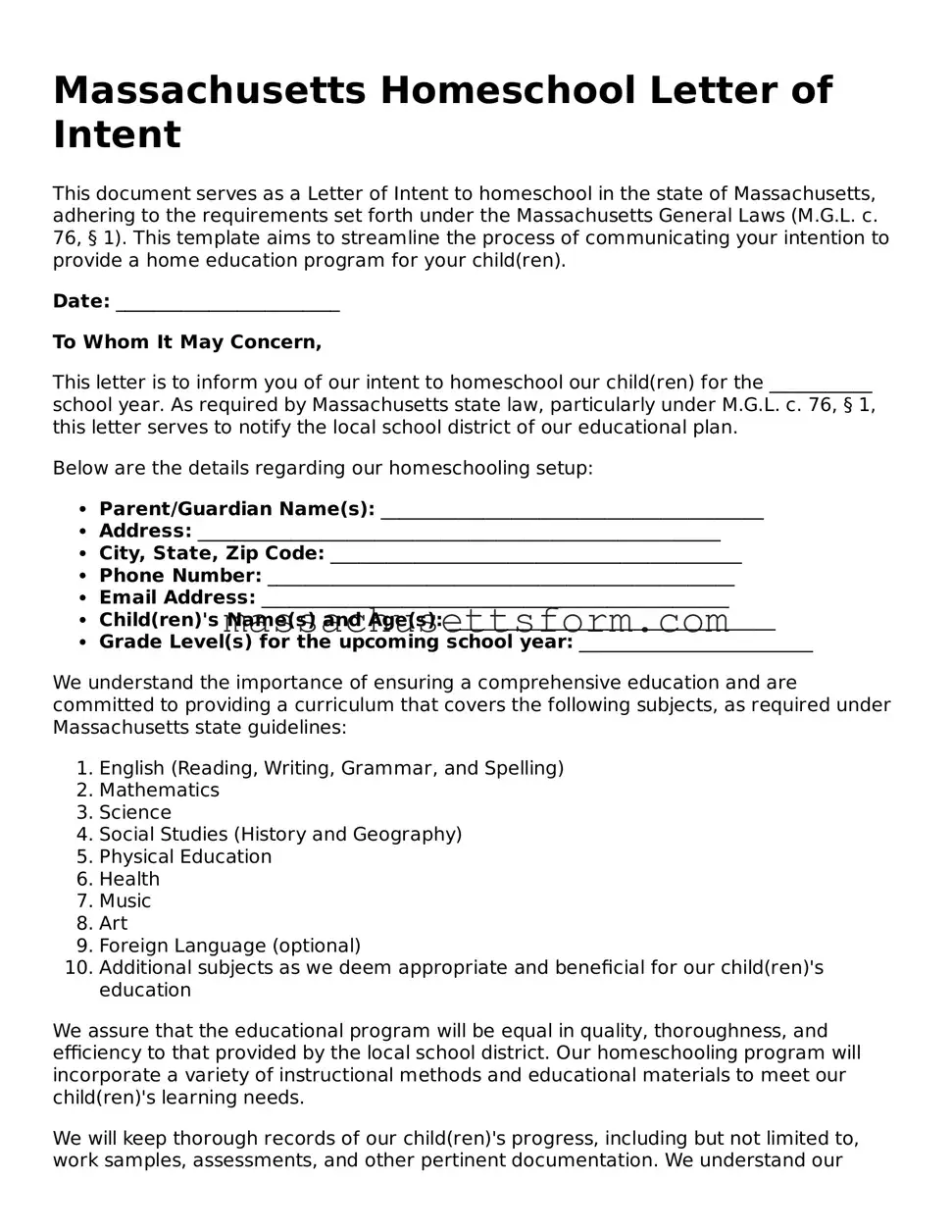 Printable  Homeschool Letter of Intent Document for Massachusetts