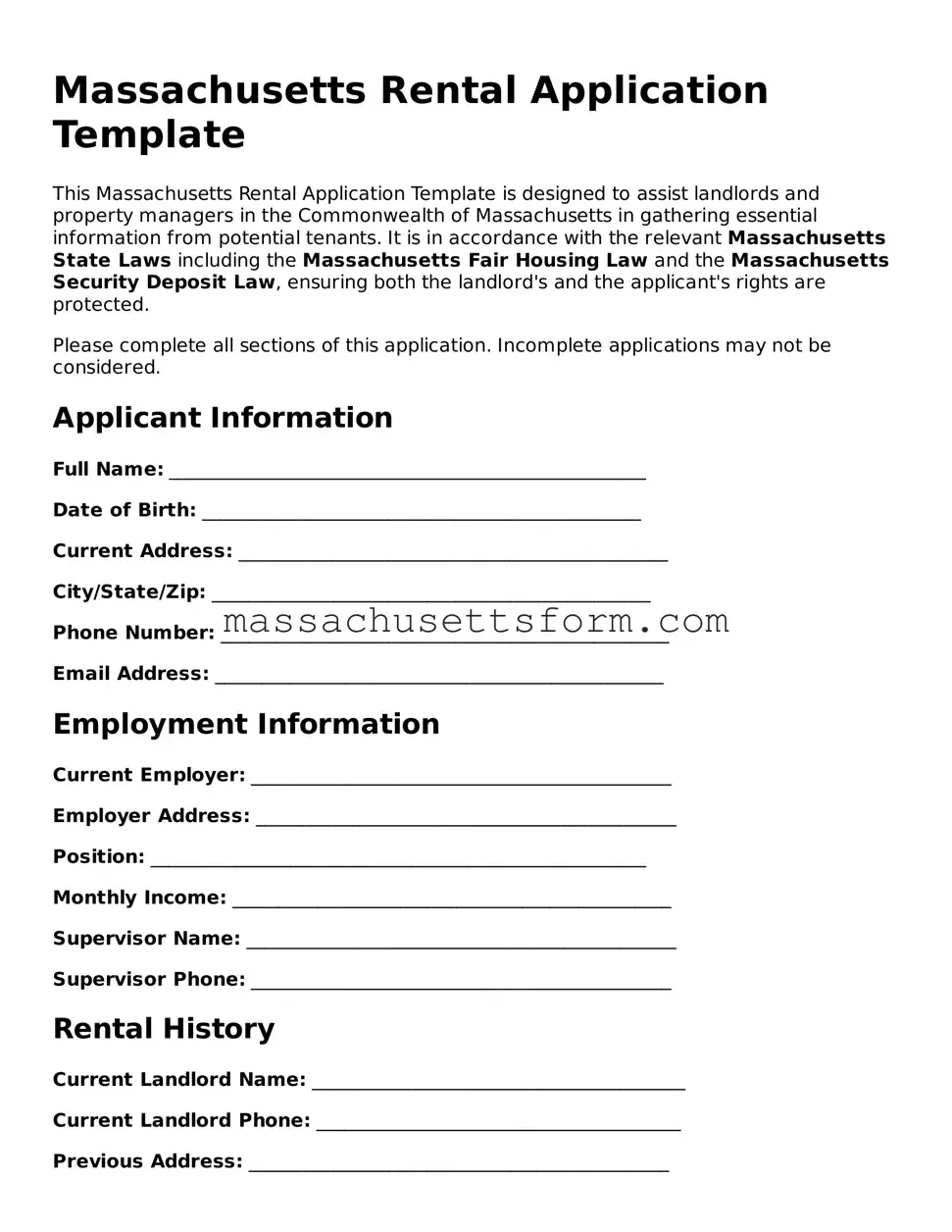 Printable  Rental Application Document for Massachusetts