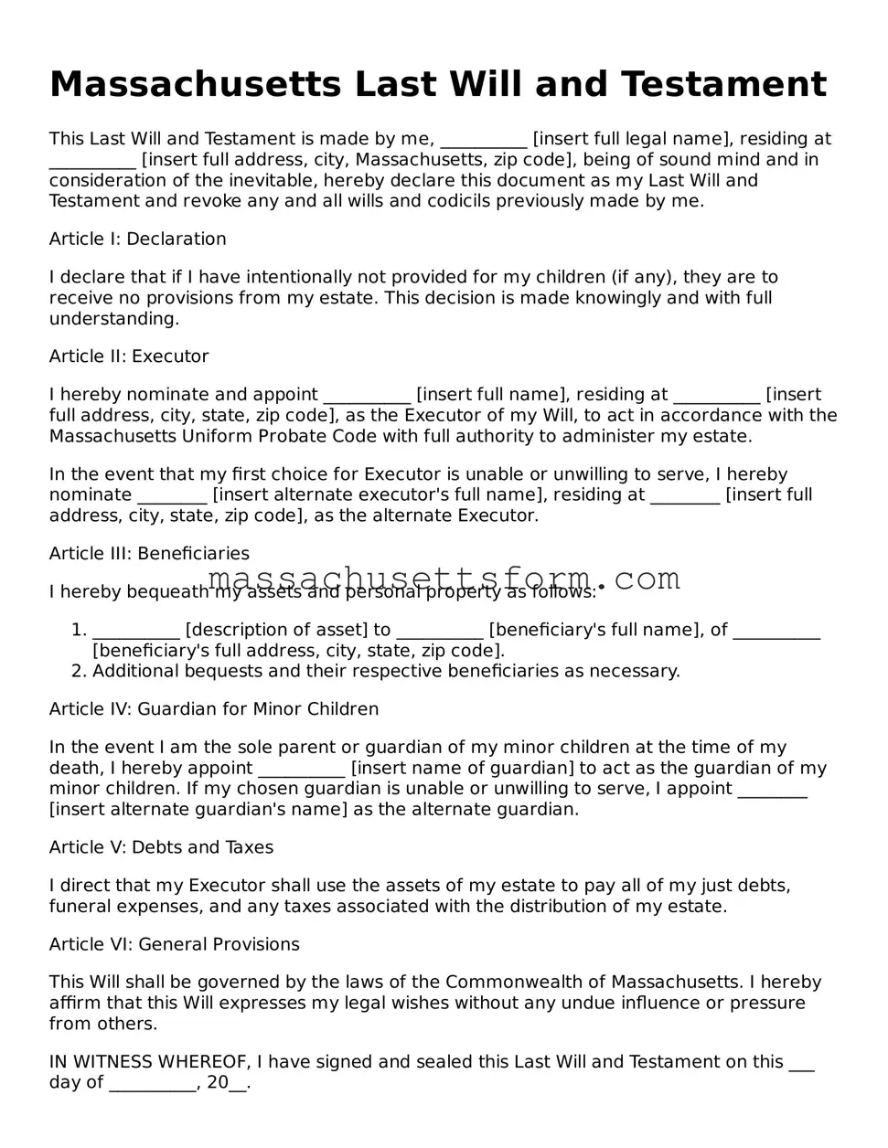Printable  Last Will and Testament Document for Massachusetts
