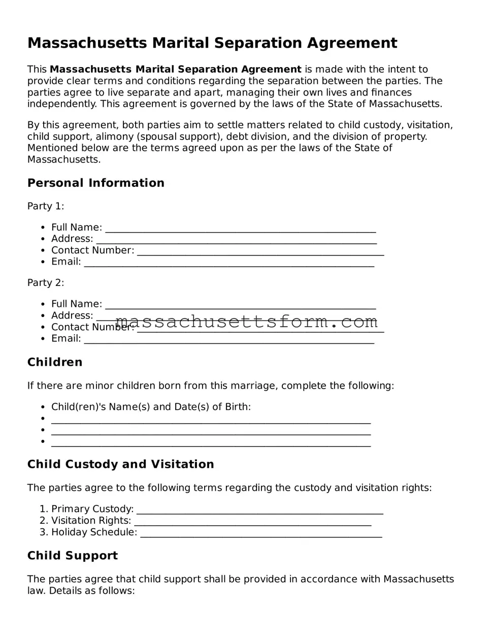 Printable  Marital Separation Agreement Document for Massachusetts