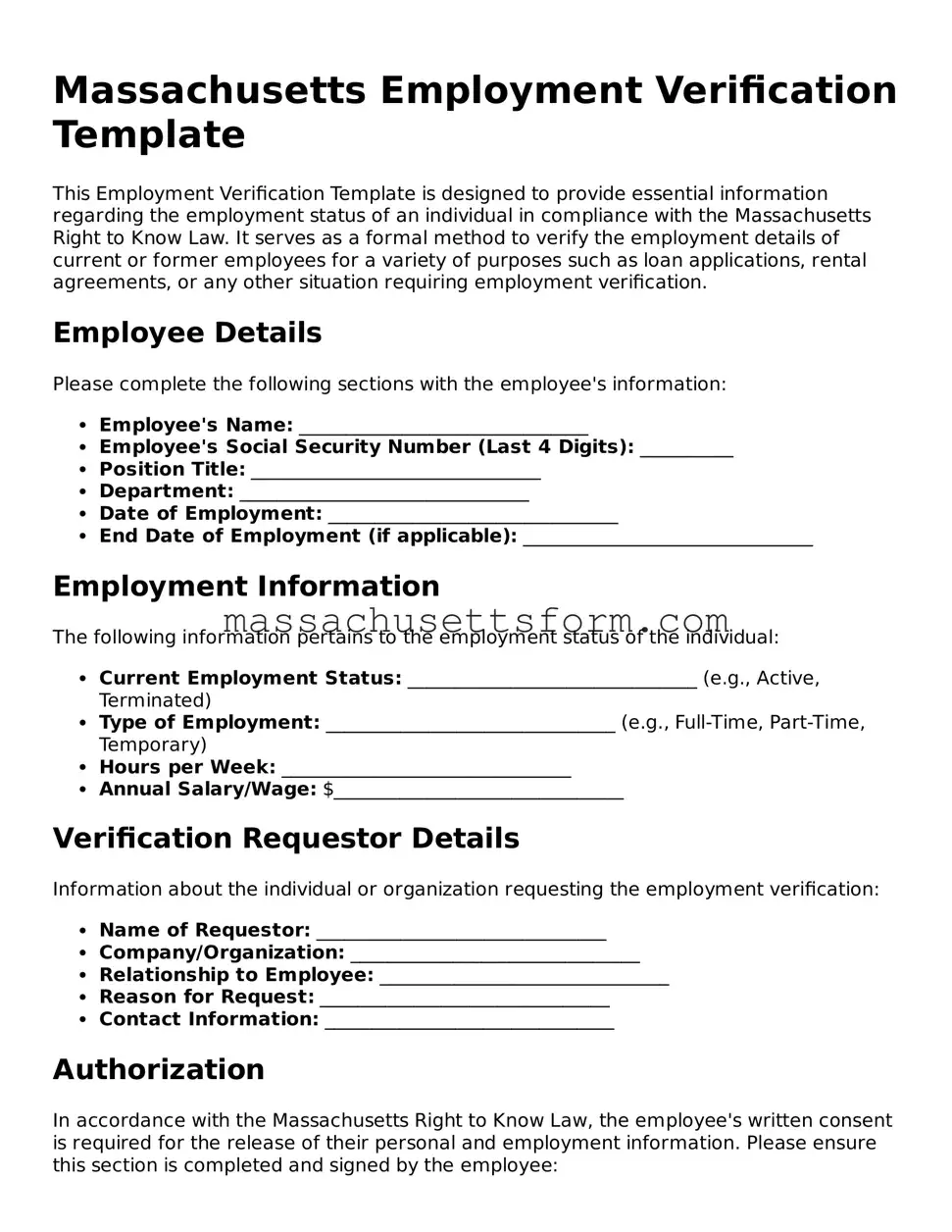 Printable  Employment Verification Document for Massachusetts