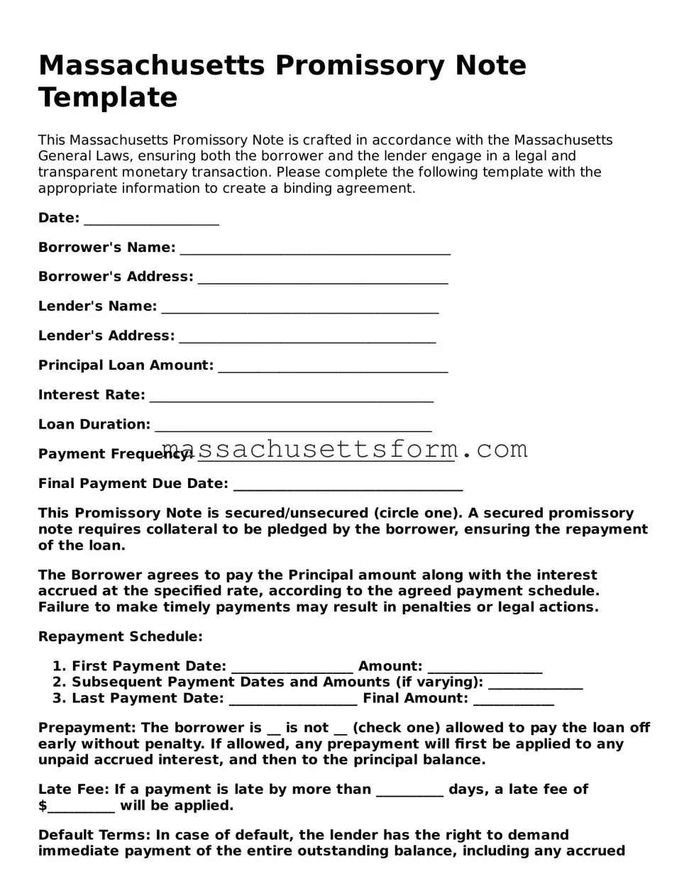 Printable  Promissory Note Document for Massachusetts