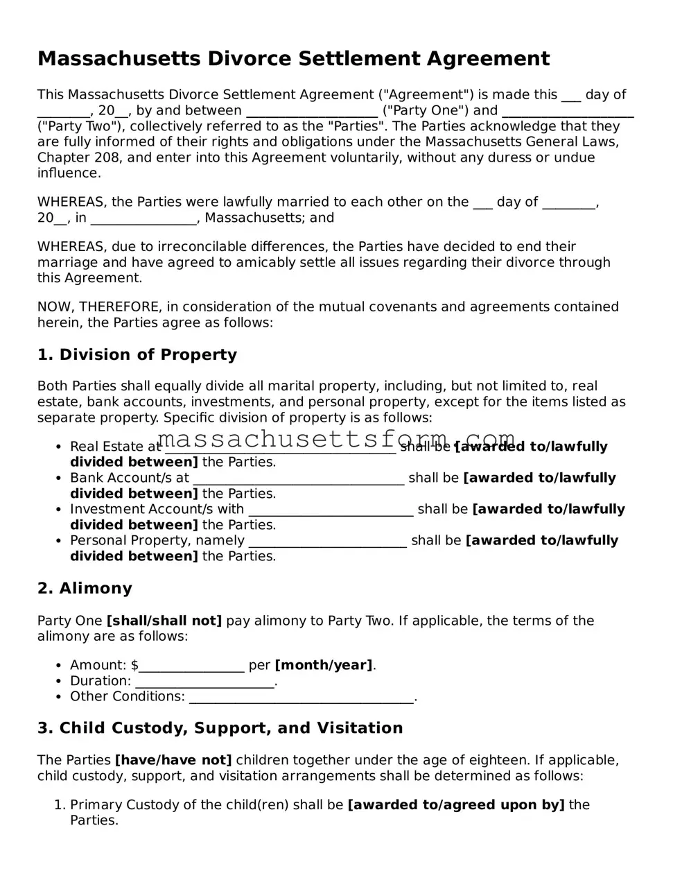 Printable  Divorce Settlement Agreement Document for Massachusetts