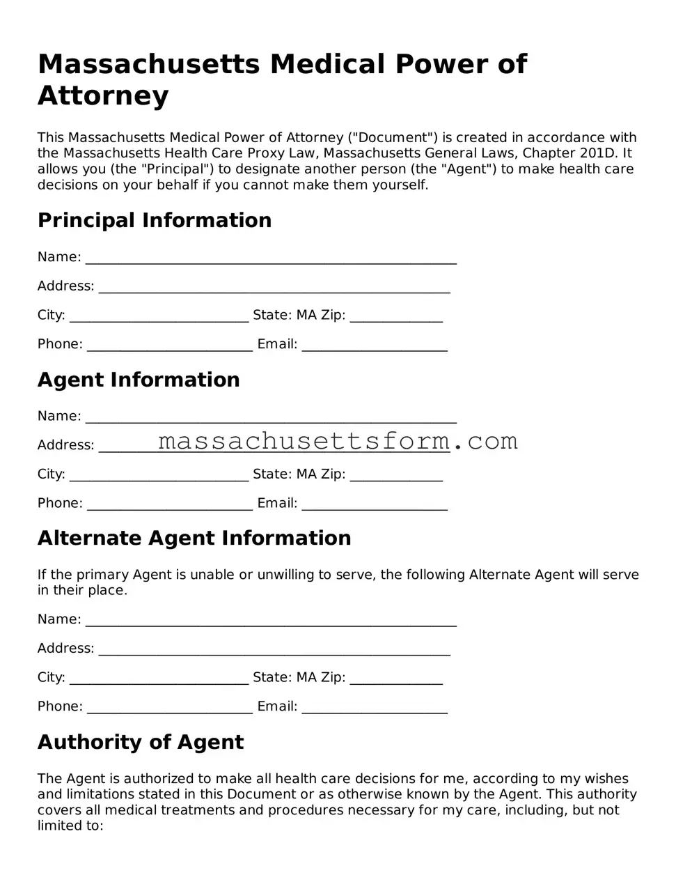 Printable  Medical Power of Attorney Document for Massachusetts