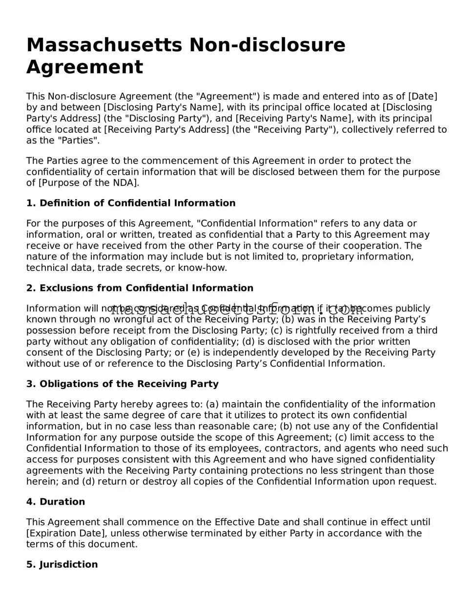 Printable  Non-disclosure Agreement Document for Massachusetts