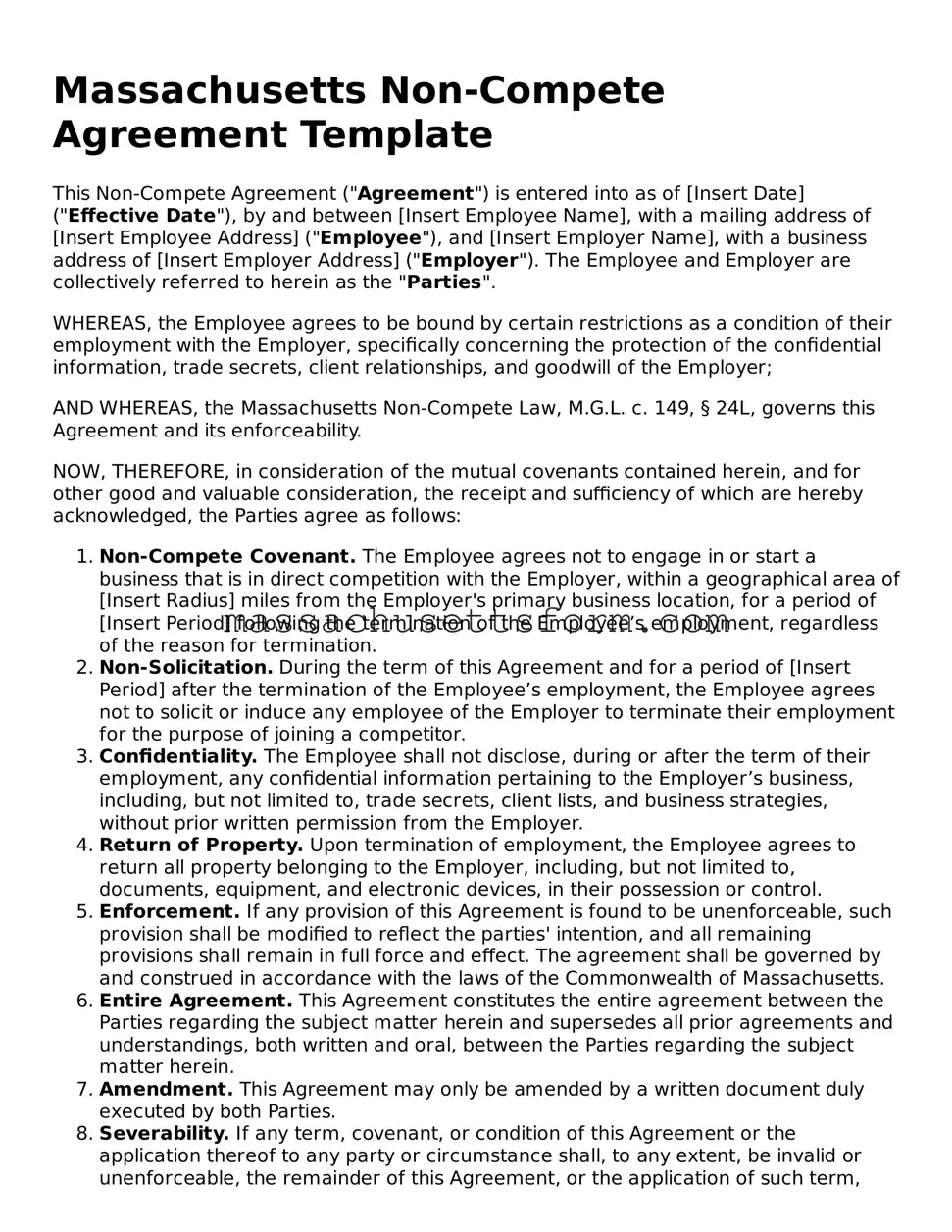 Printable  Non-compete Agreement Document for Massachusetts