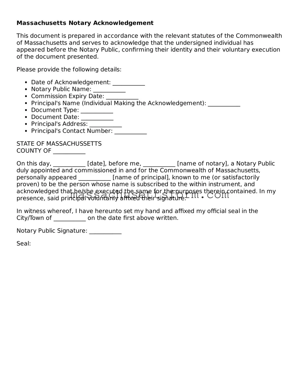 Printable  Notary Acknowledgement Document for Massachusetts