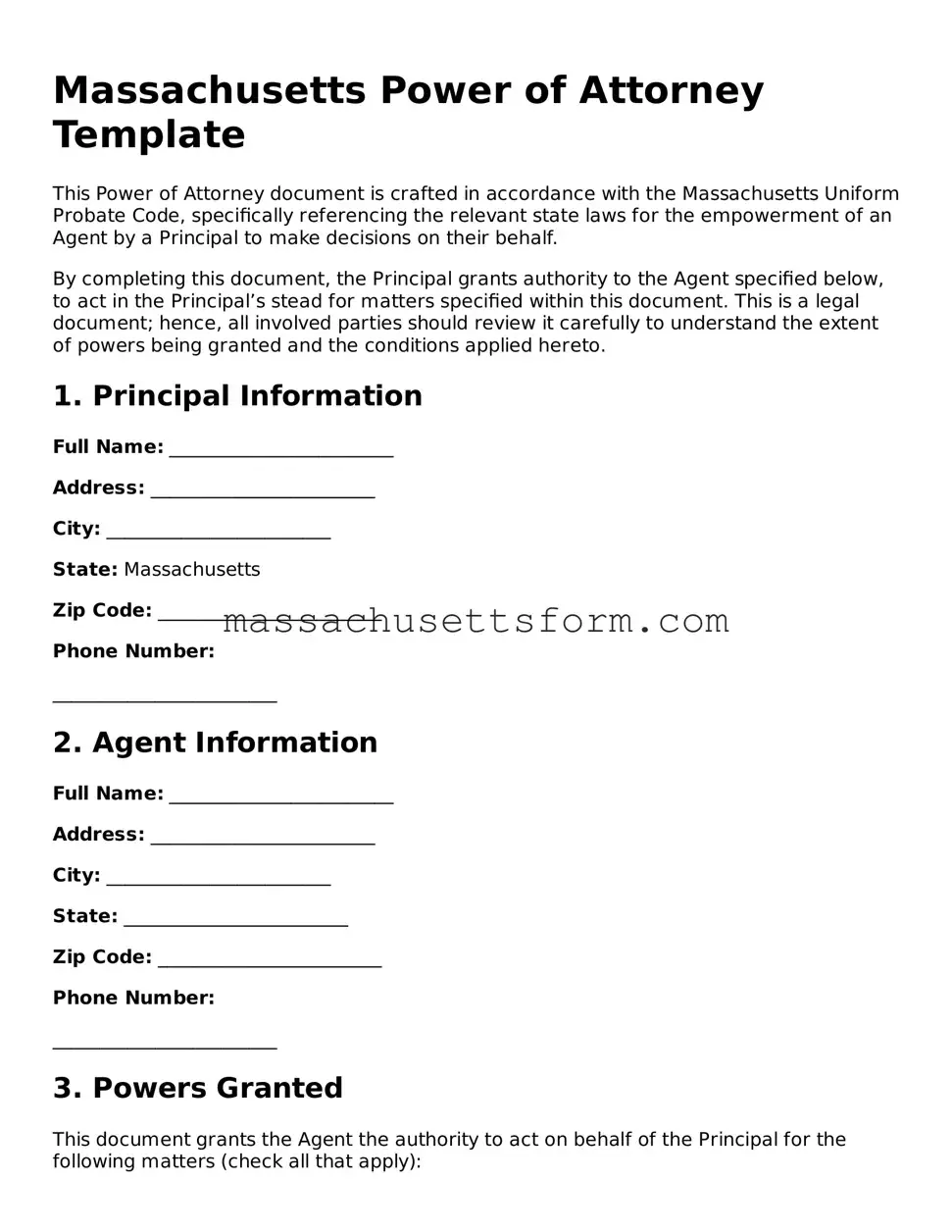 Printable  Power of Attorney Document for Massachusetts