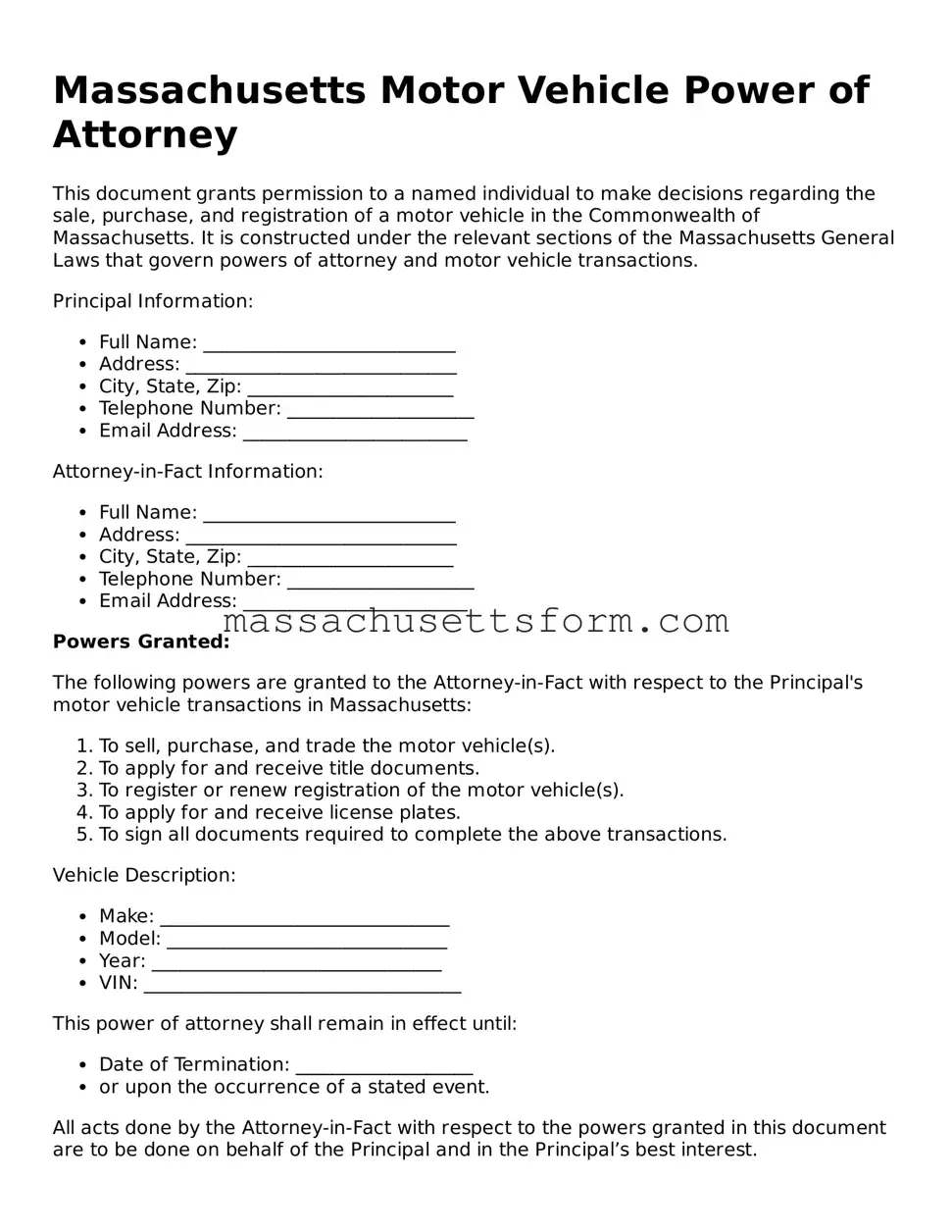 Printable  Motor Vehicle Power of Attorney Document for Massachusetts