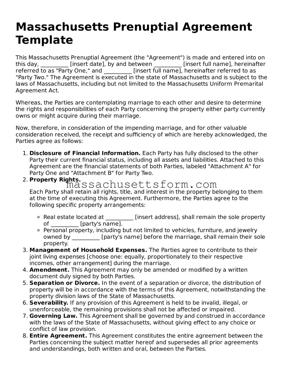 Printable  Prenuptial Agreement Document for Massachusetts