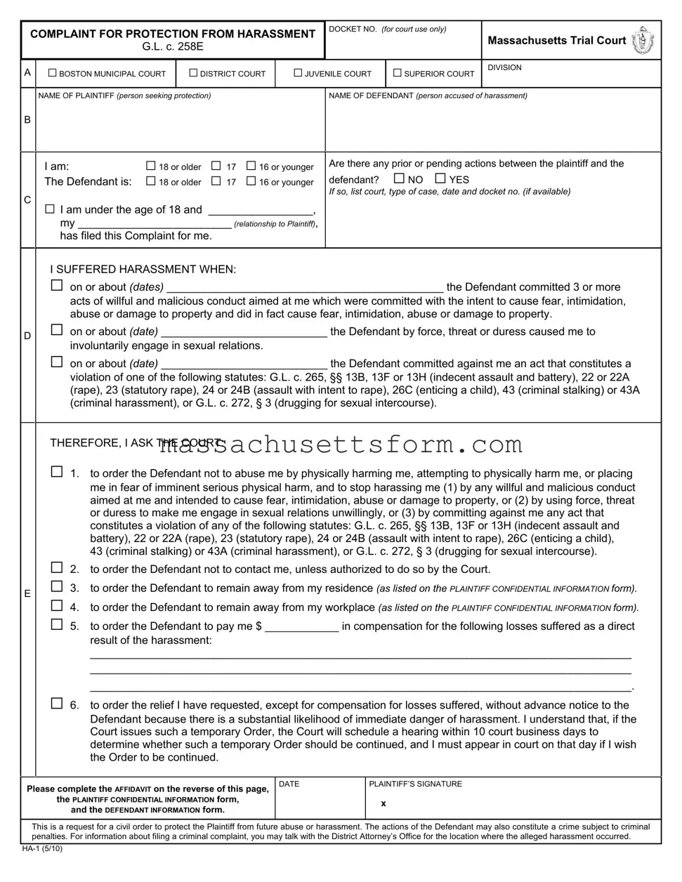 Fill Your Massachusetts Protection Harassment Form