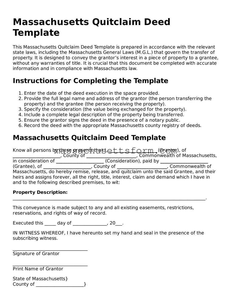 Printable  Quitclaim Deed Document for Massachusetts