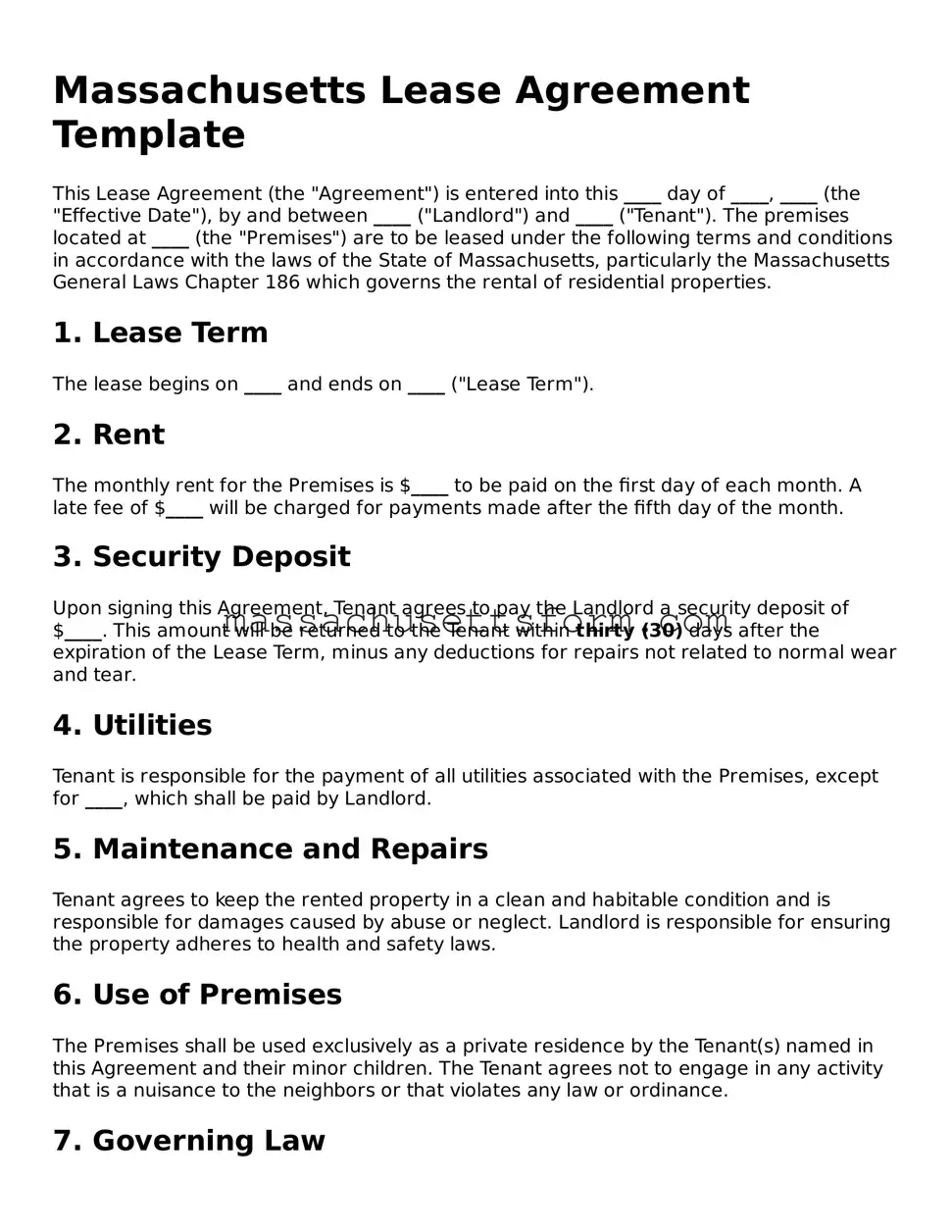 Printable  Lease Agreement Document for Massachusetts