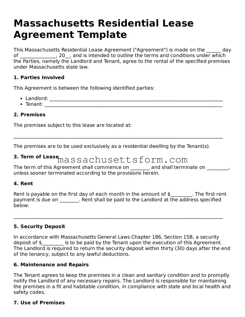 Printable  Residential Lease Agreement Document for Massachusetts