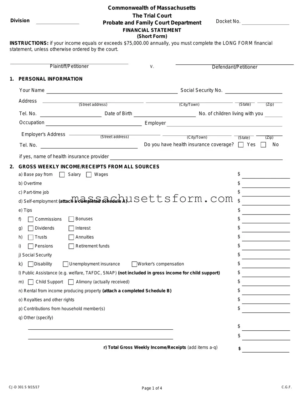 Fill Your Massachusetts Short Financial Statement Form