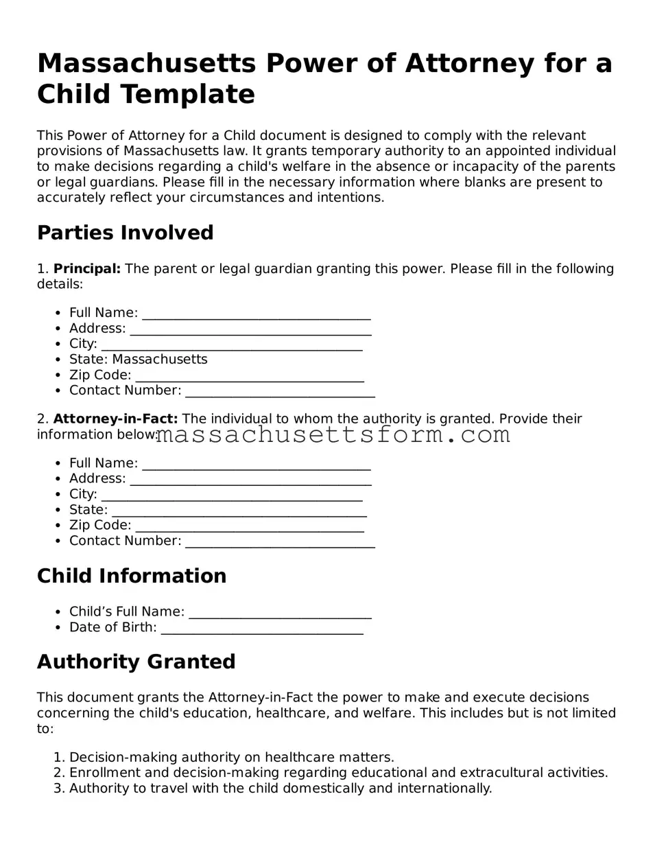 Printable  Power of Attorney for a Child Document for Massachusetts