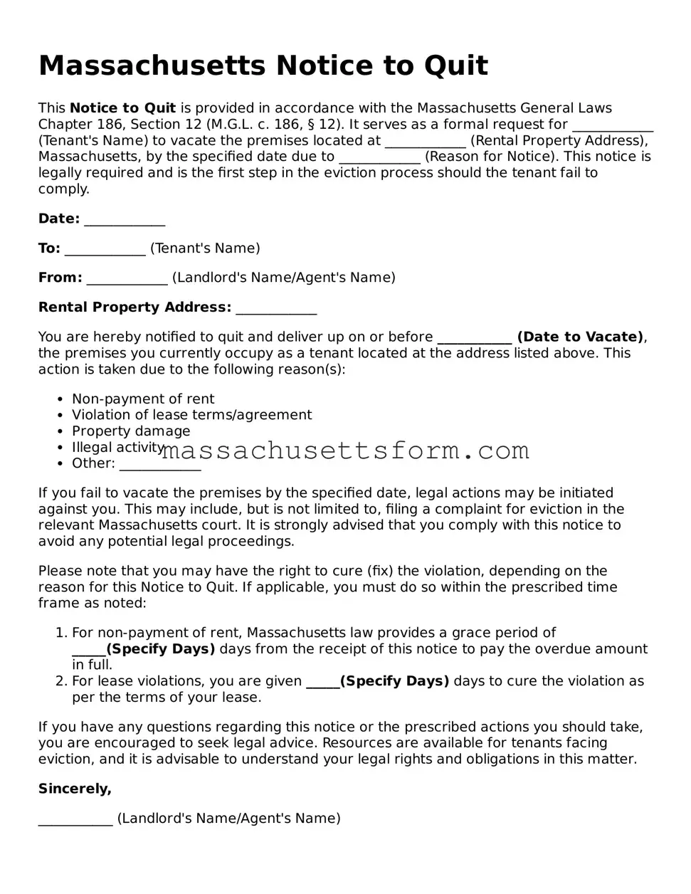 Printable  Notice to Quit Document for Massachusetts