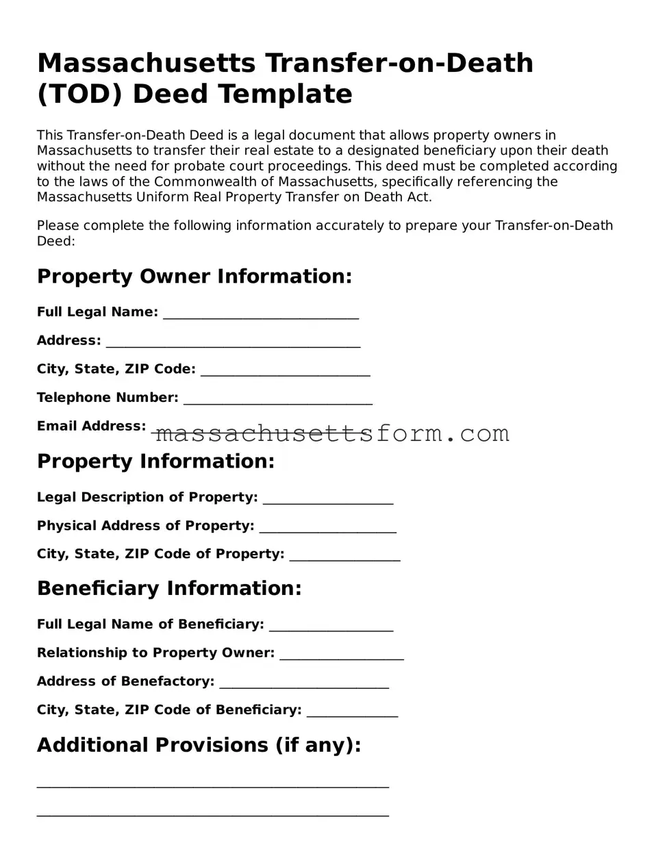 Printable  Transfer-on-Death Deed Document for Massachusetts