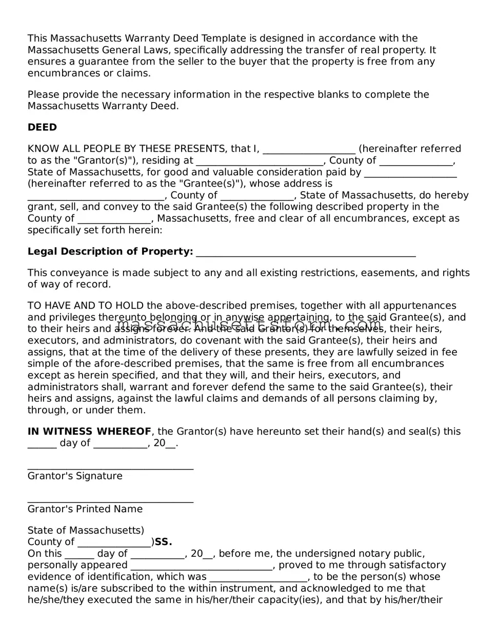 Printable  Deed Document for Massachusetts
