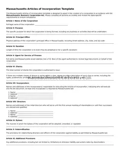 Printable  Articles of Incorporation Document for Massachusetts