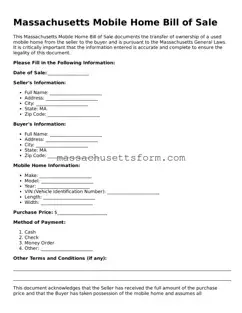 Printable  Mobile Home Bill of Sale Document for Massachusetts